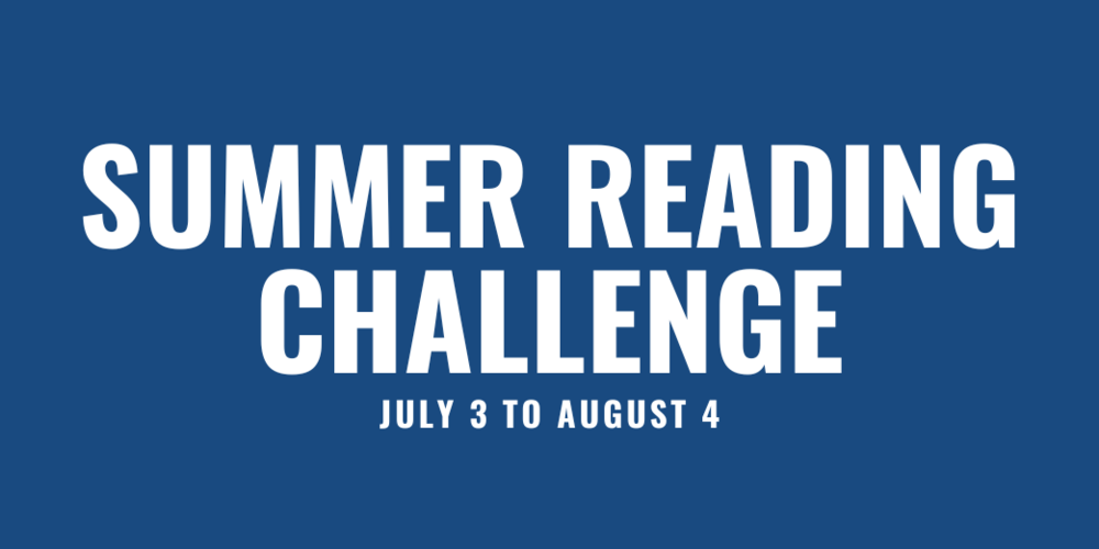 Set against a blue background the words Summer Reading Challenge, July 3 to August 4 