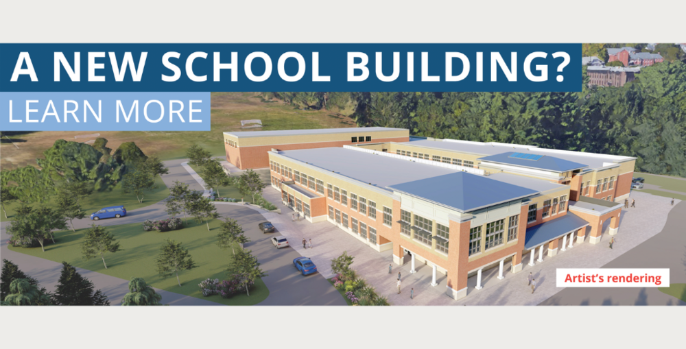 A render of a school building with the words 'A New School Building? - Learn more'