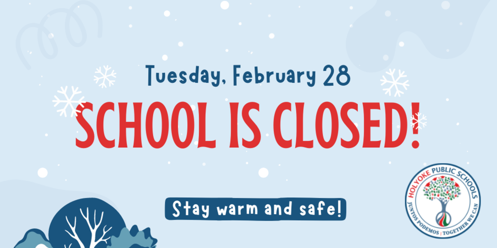 Snowy sky with text School is Closed February 28 - Stay warn and safe