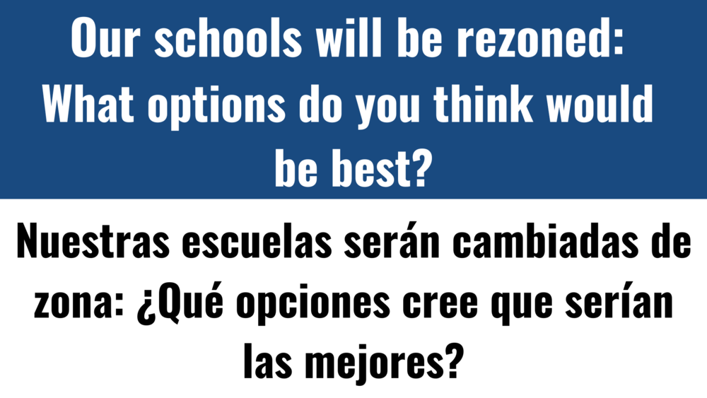 Our schools will be rezoned: What options do you think would be best? Nuestras escuelas serán cambiadas de zona: ¿Qué opciones cree que serían las mejores?