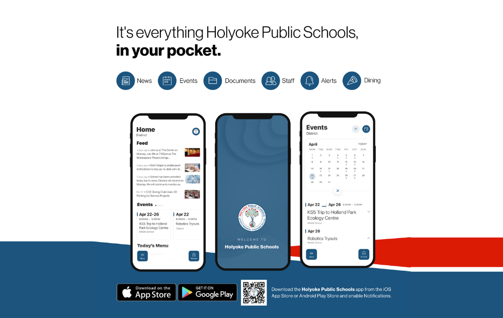 Graphic of three phones with the HPS app opened in different app areas.