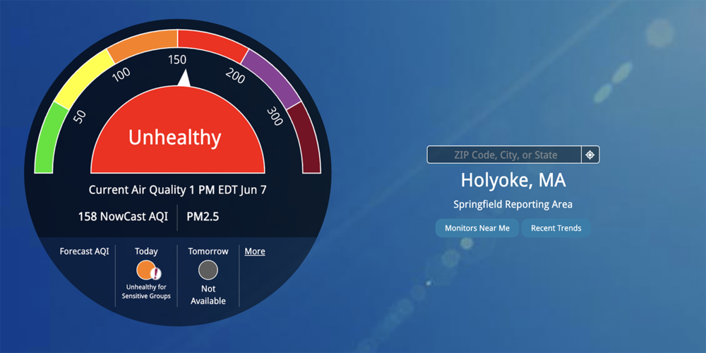 Meter showing unhealthy air quality in Holyoke
