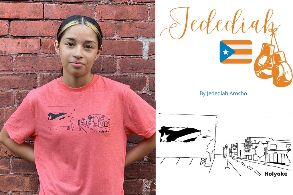 Picture of a side by side of a student wearing a pink shirt next to art made by her.