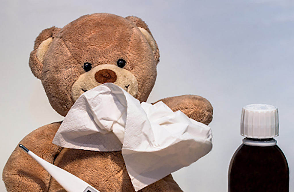 Teddy bear holding tissue and thermometer