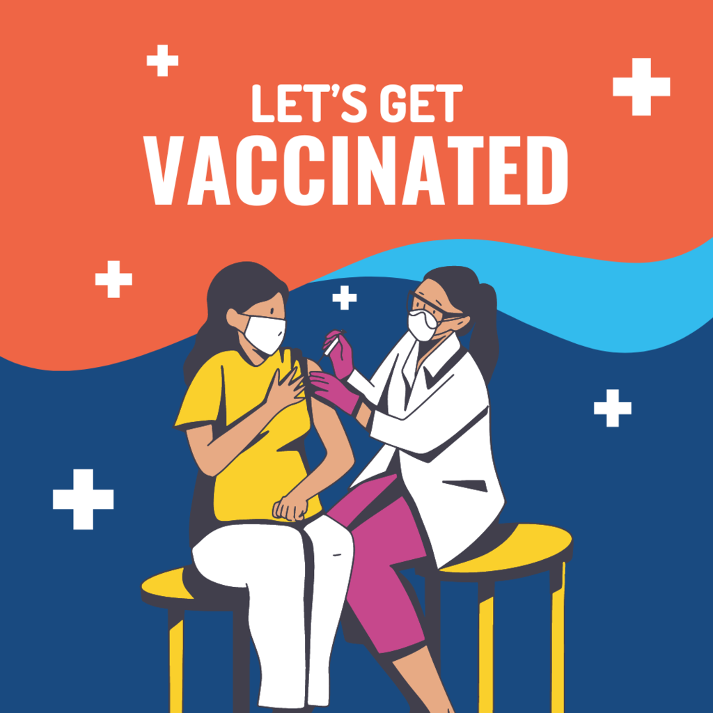 Graphic art of a young woman getting vaccinated with the words "let's get vaccinated".