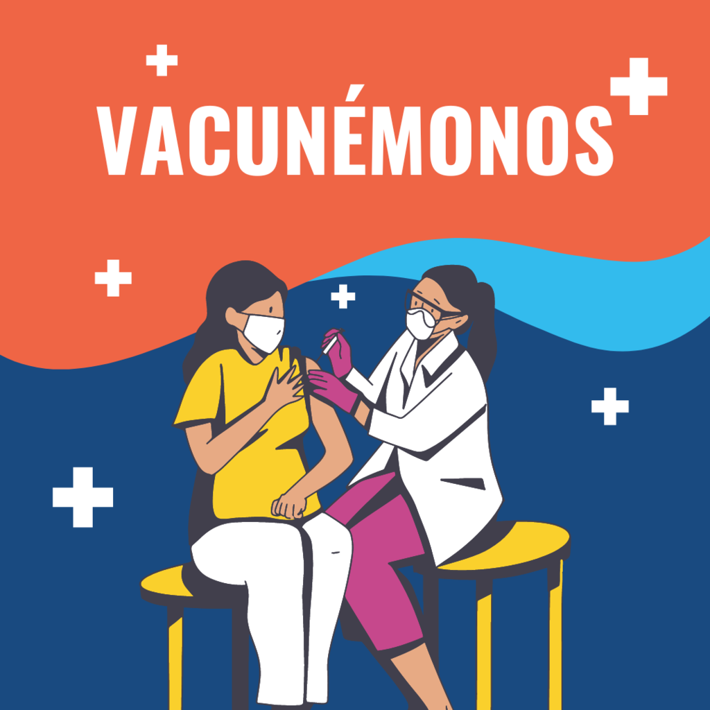 Graphic art of a young woman getting vaccinated with the words "let's get vaccinated" in spanish.