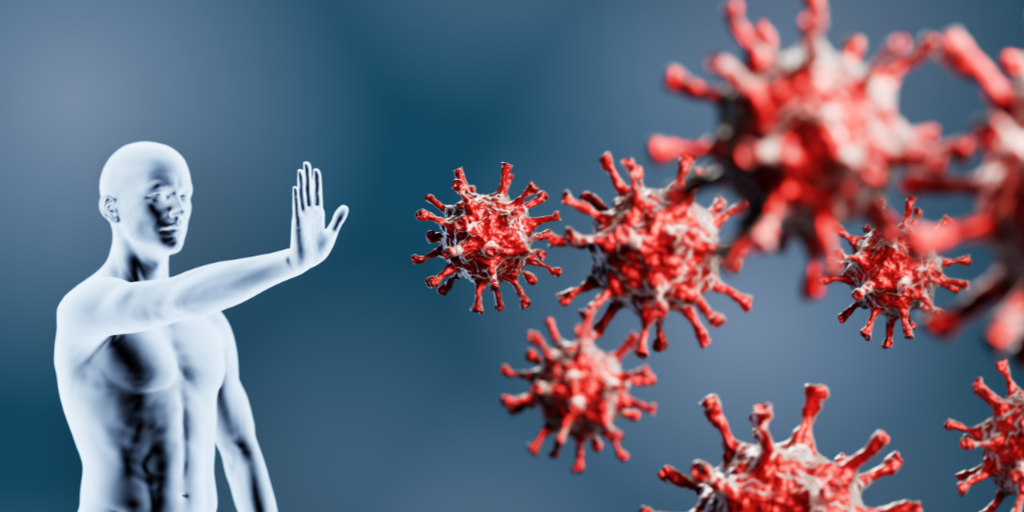 Man holding up hand to block COVID-19 viruses