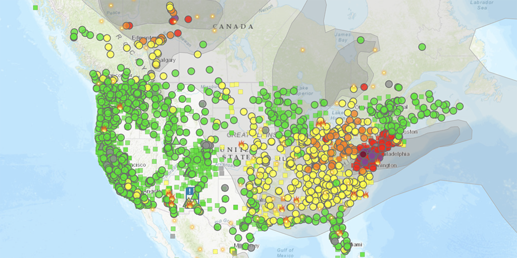Map of US and Canada with circles to show where fire and smoke occurs