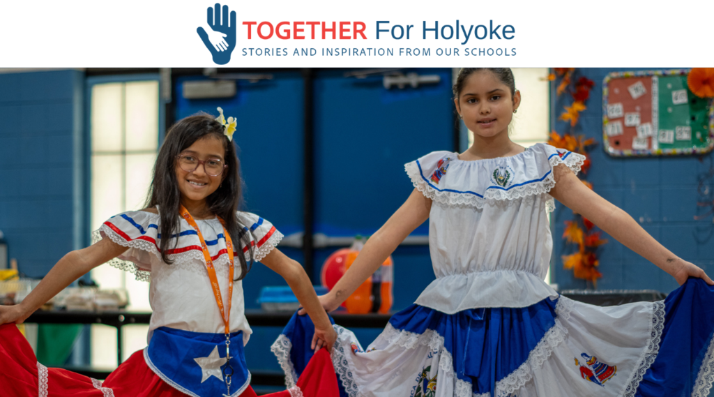 Together for Holyoke Newsletter Graphic With Two Students Dressed in Traditional Cultural Clothes 