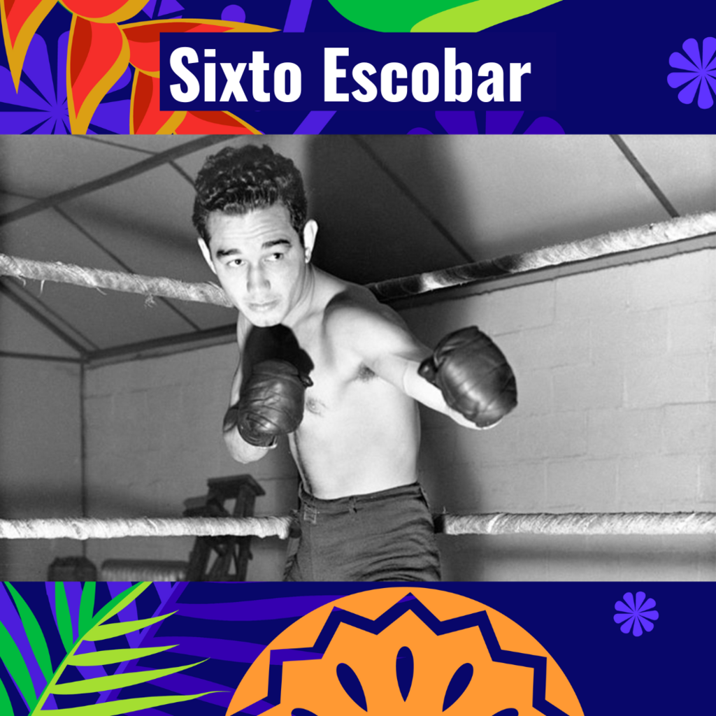 Black and white picture of Sixto Escobar inside a boxing ring 